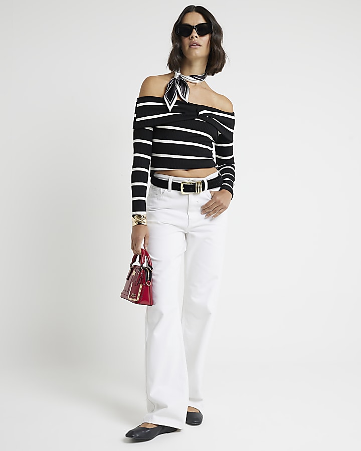 Black ribbed stripe knot bardot top