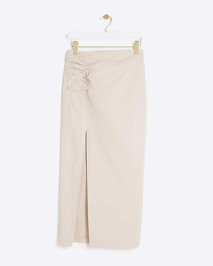 Beige Ruched Side Midi Skirt