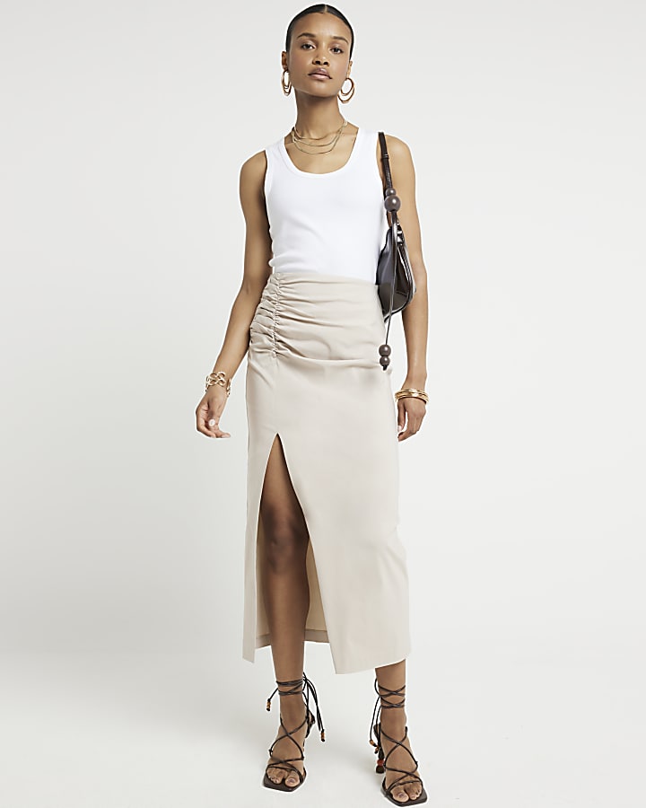 Beige Ruched Side Midi Skirt River Island