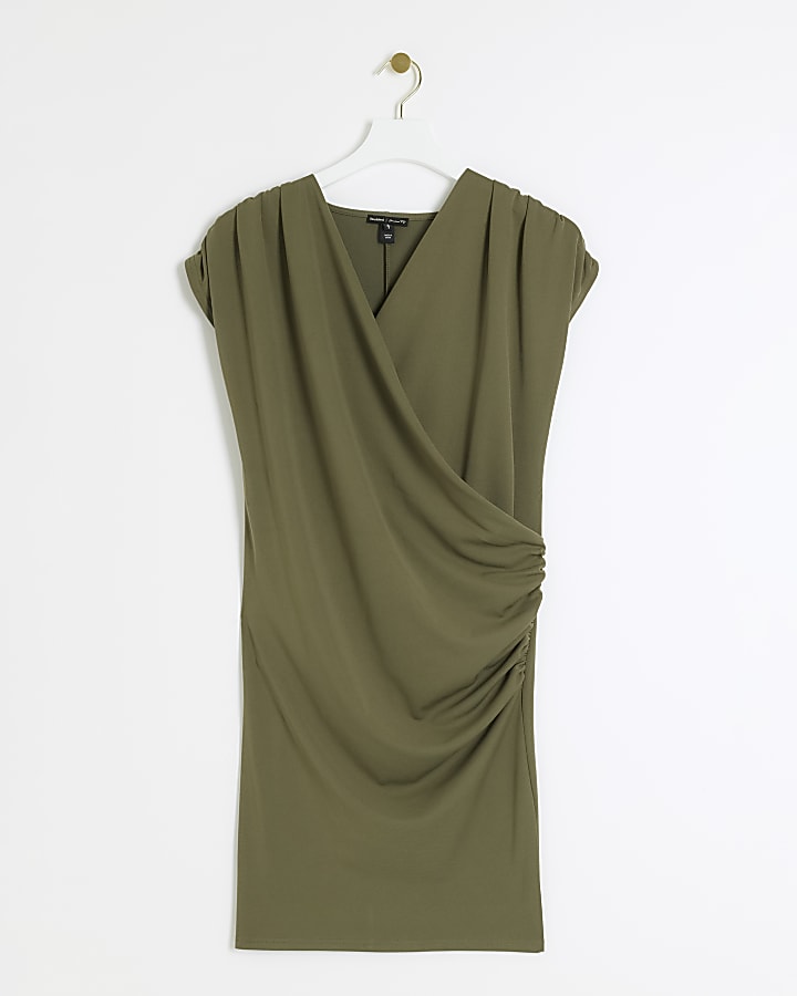 Khaki drape wrap bodycon mini dress