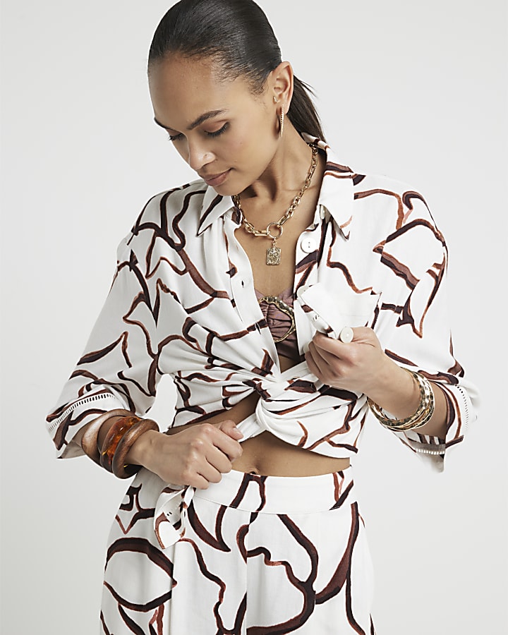 Brown linen blend abstract crochet trim shirt