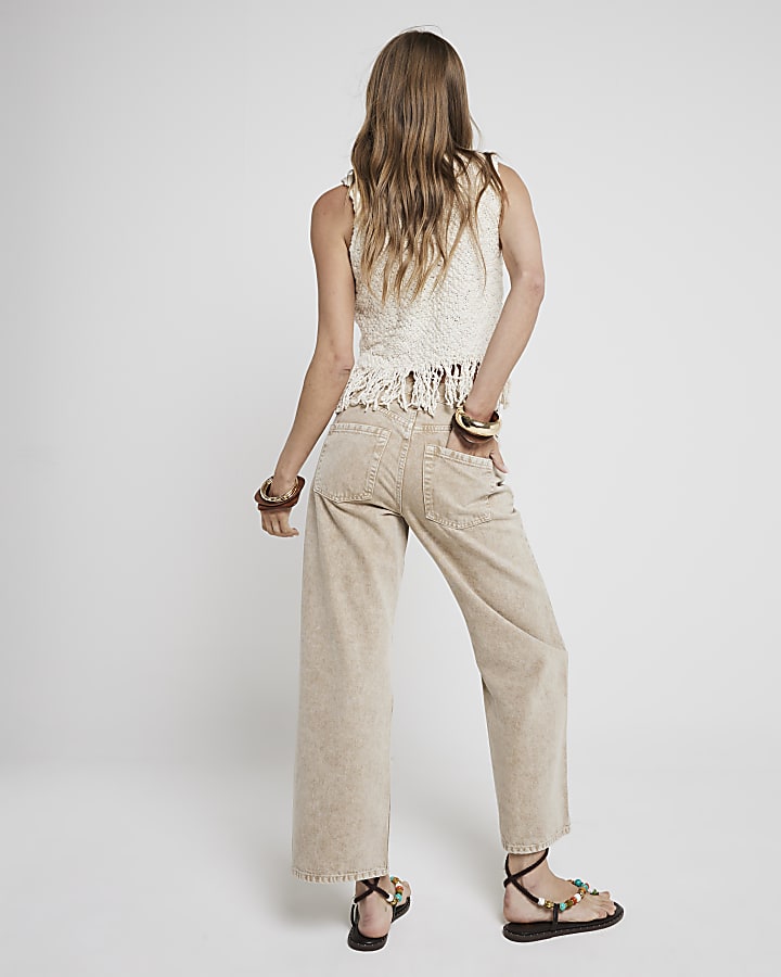 Beige relaxed straight cropped jeans