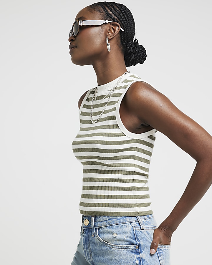 Khaki ribbed stripe tank top
