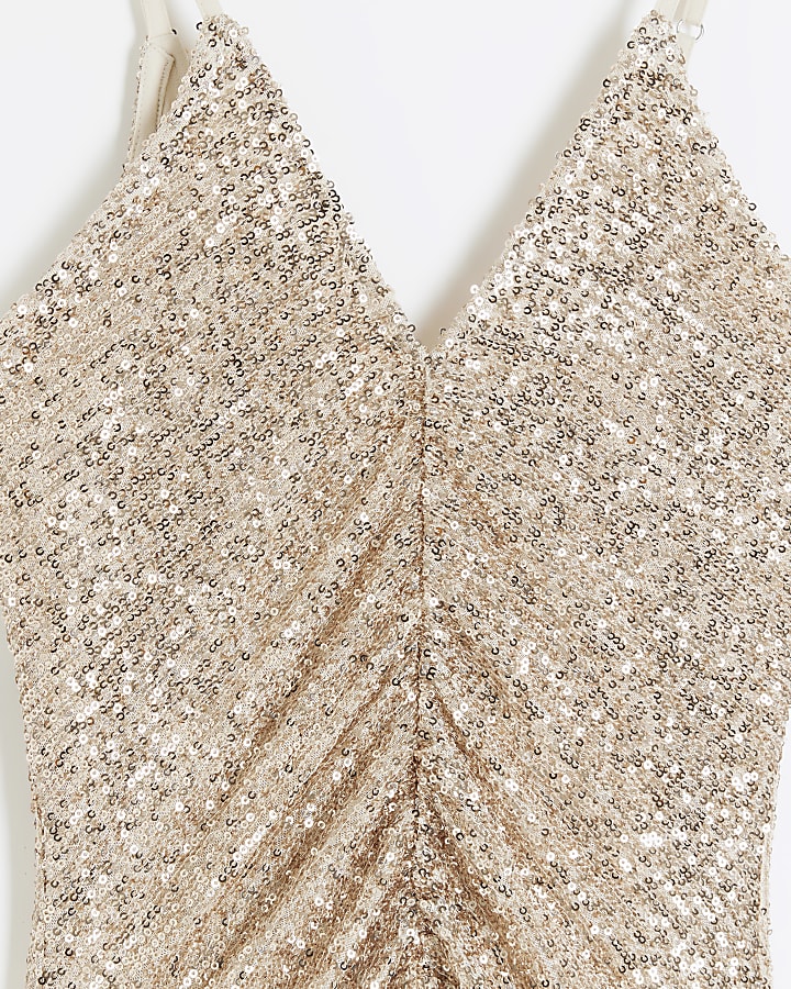 Rose gold sequin ruched slip midi dress