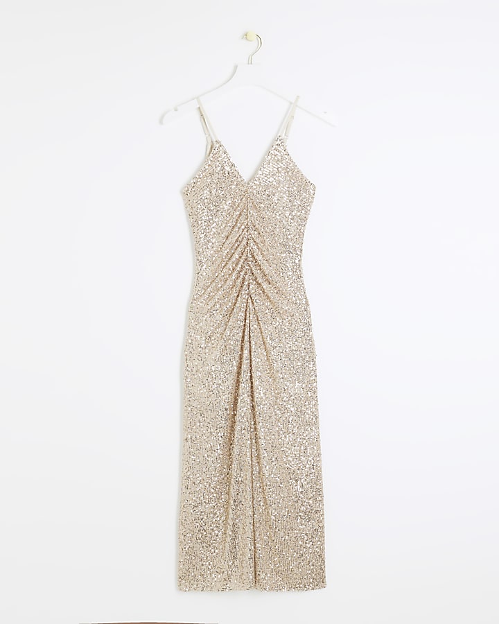 Rose gold sequin ruched slip midi dress
