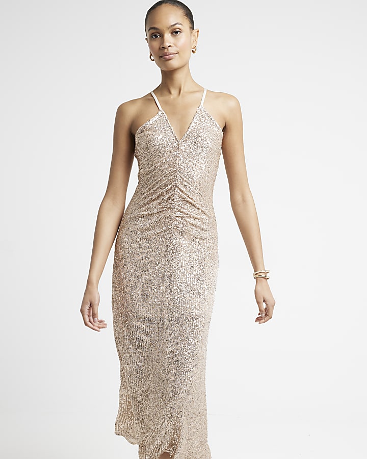 Rose gold sequin ruched slip midi dress