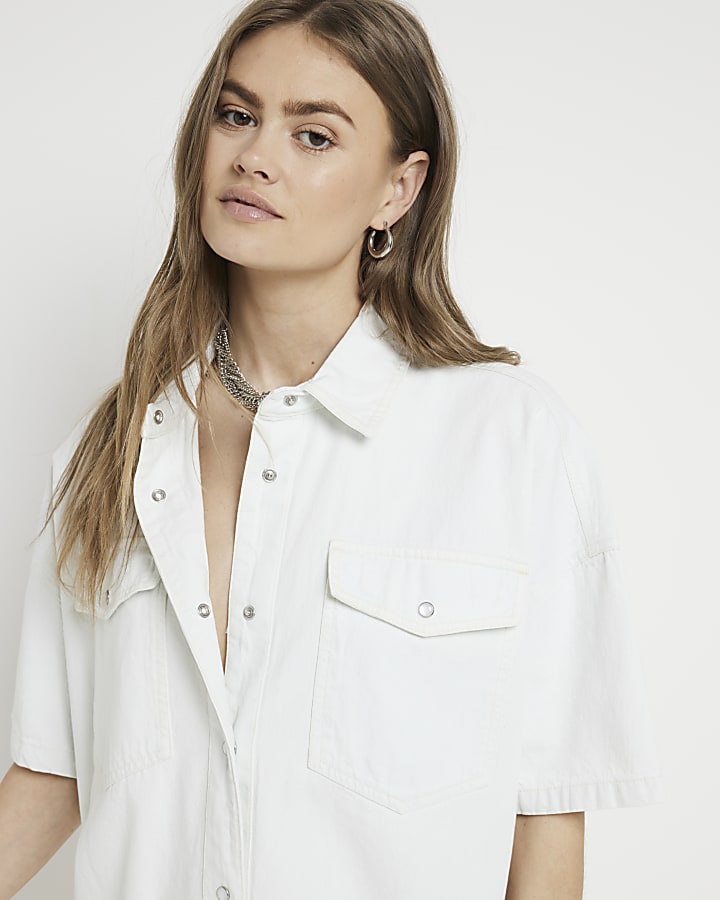 White denim mini shirt dress