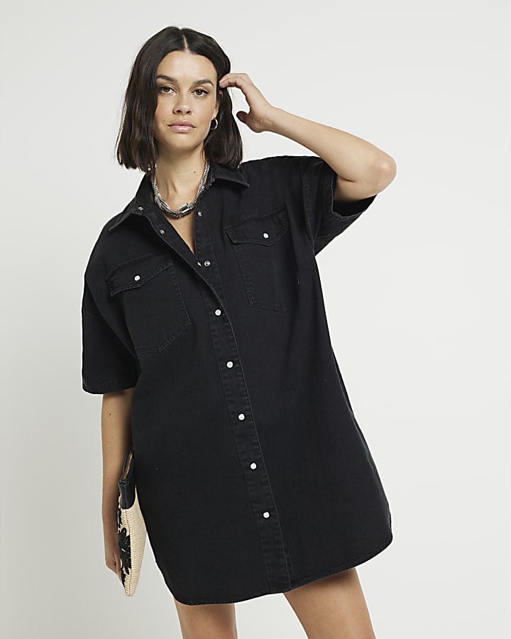 Black Denim Mini Shirt Dress