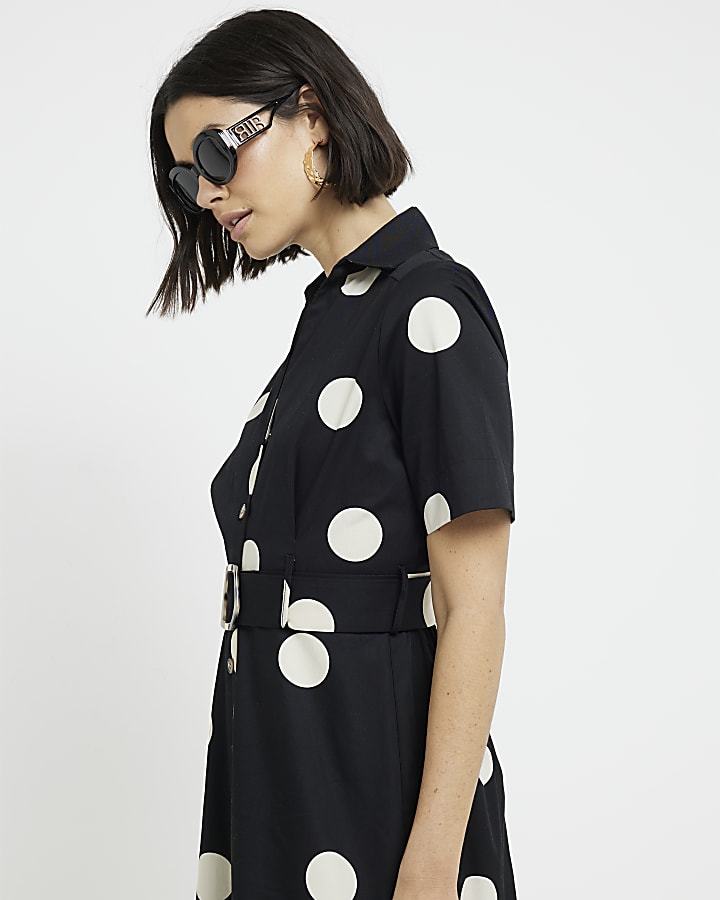 Black spot belted button up midi shirt dress