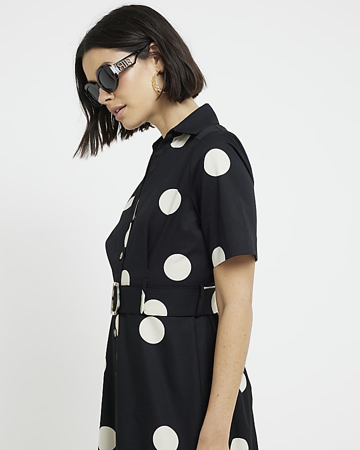 Black spot belted button up midi shirt dress