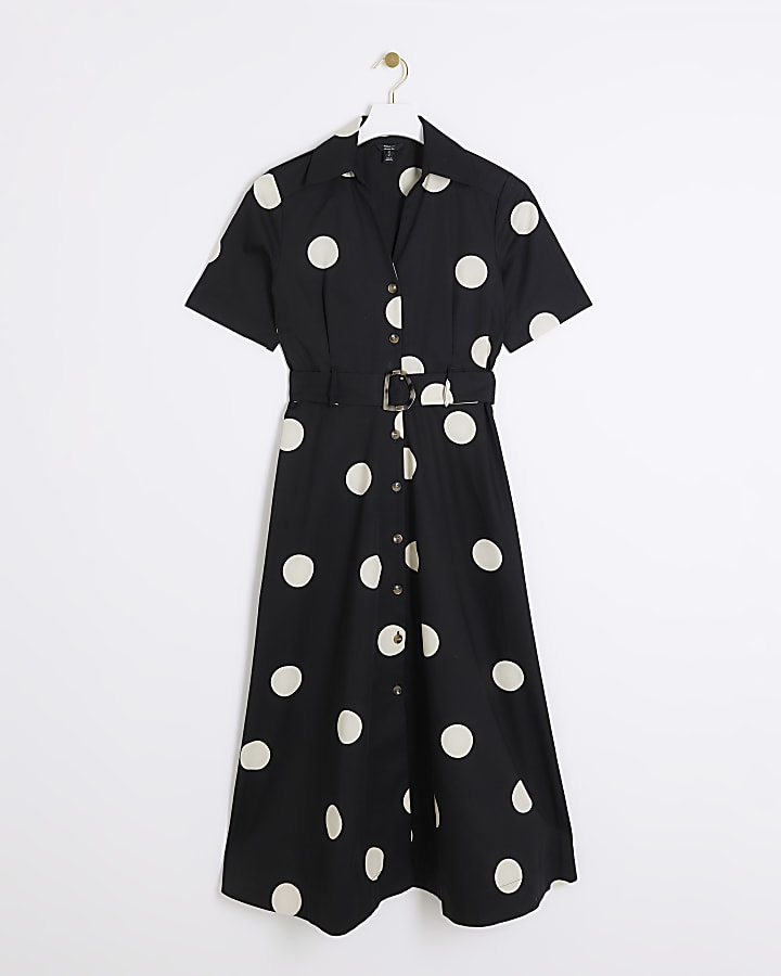 Black spot belted button up midi shirt dress