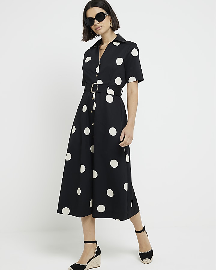 Black spot belted button up midi shirt dress