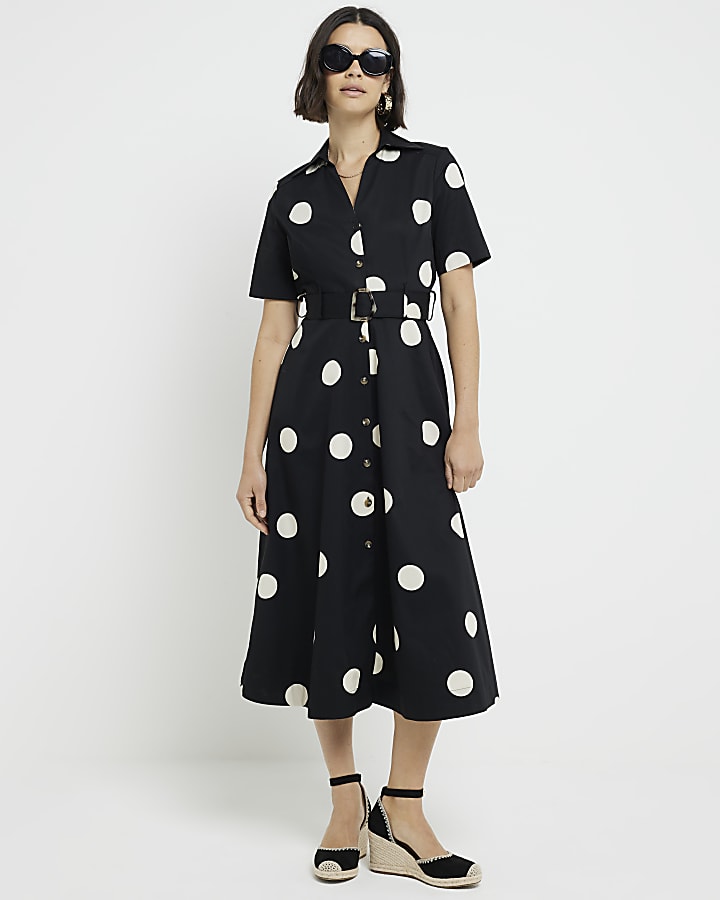 Black spot belted button up midi shirt dress River Island