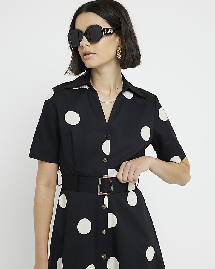 Black spot belted button up midi shirt dress