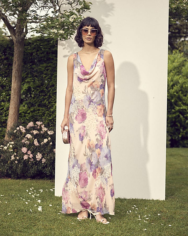 Pink floral cowl neck slip maxi dress River Island