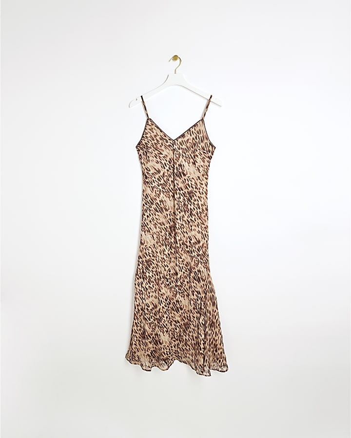 Beige leopard print sequin slip maxi dress