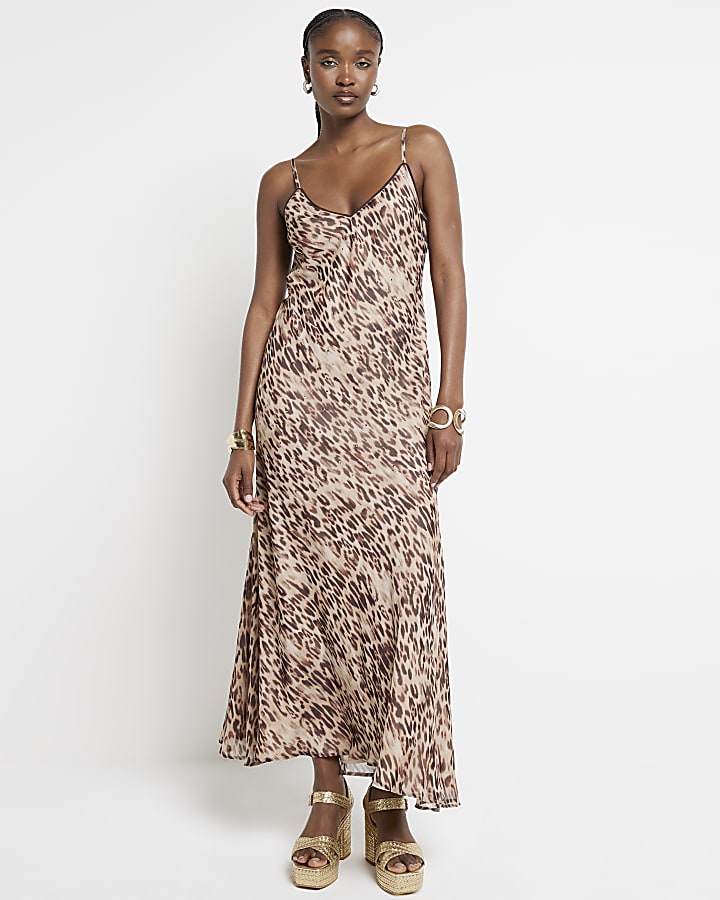 Beige leopard print sequin slip maxi dress