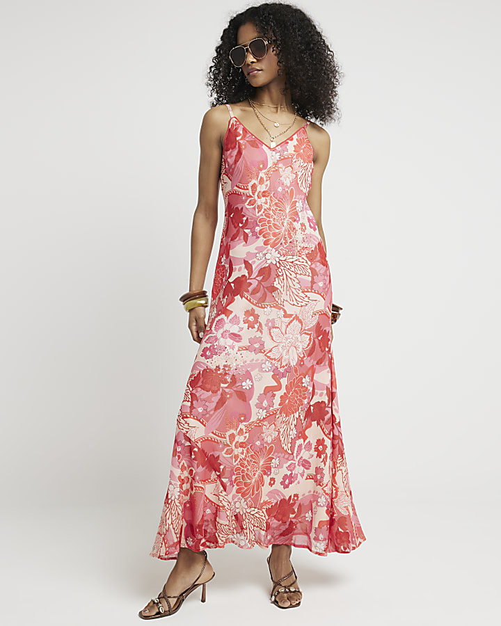 Pink floral slip maxi dress River Island