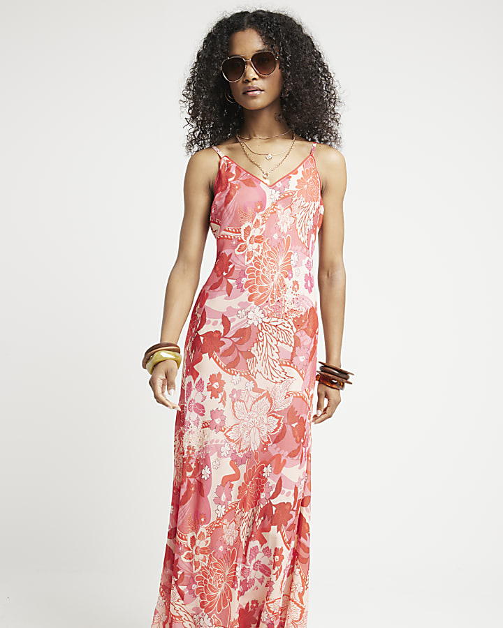 Pink floral slip maxi dress