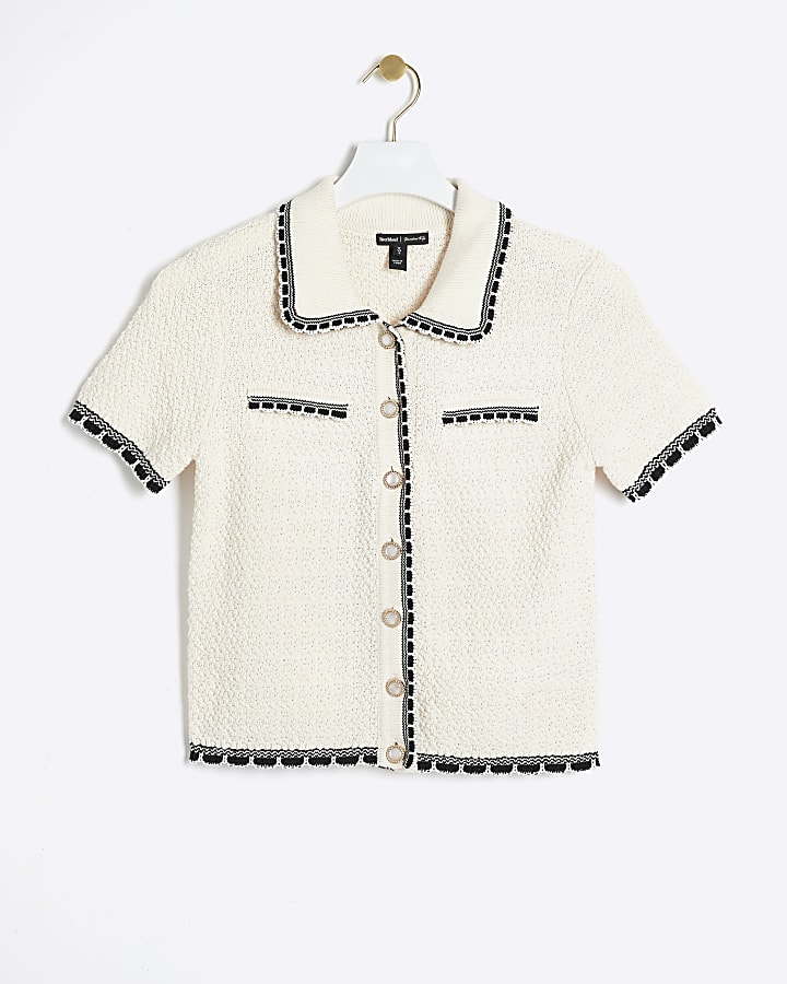 Cream knit trophy button up  top