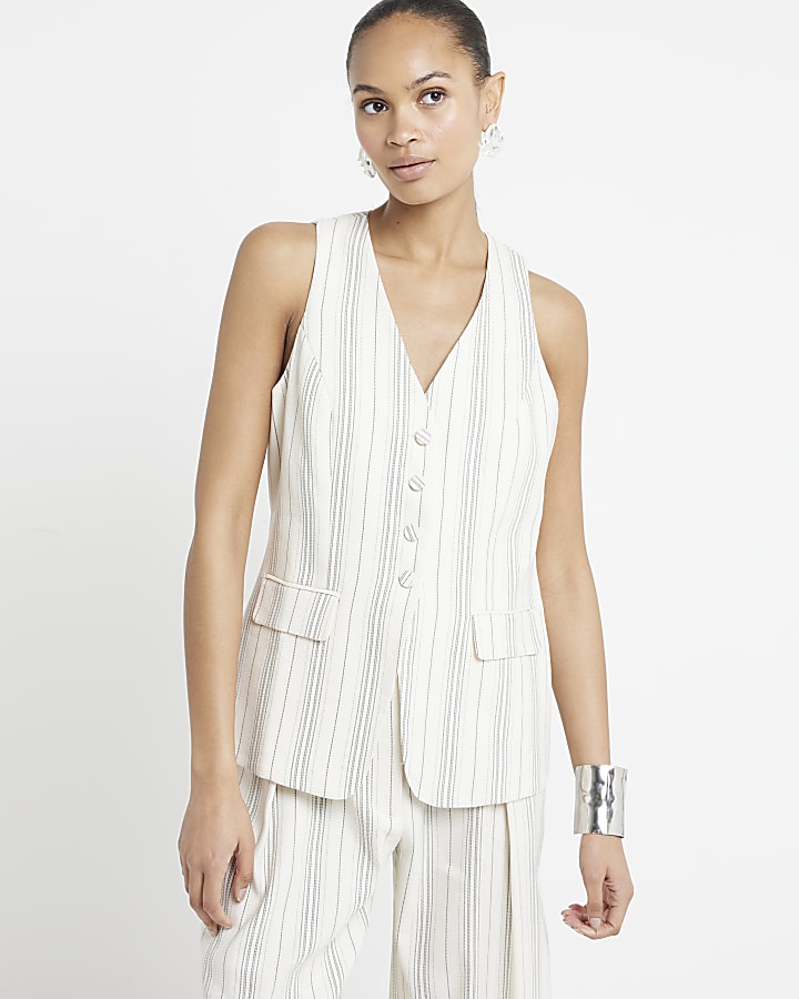 Cream Stripe Longline Waistcoat