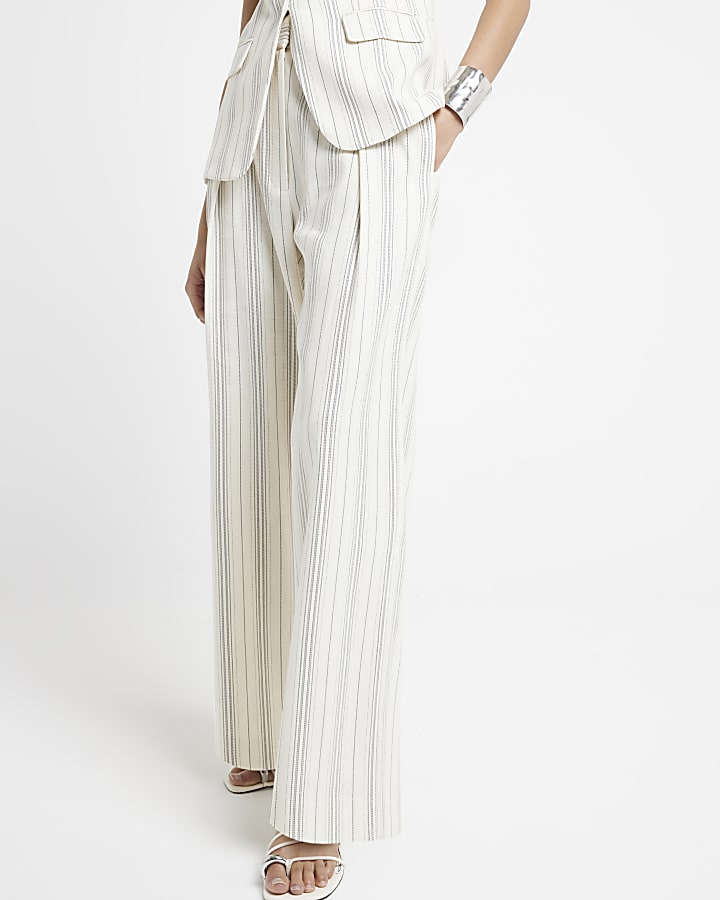 Cream stripe print wide leg trousers