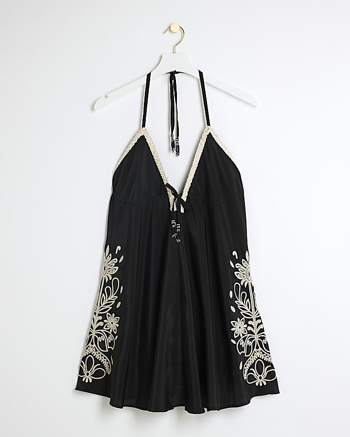 Black embroidered plunge beach mini dress