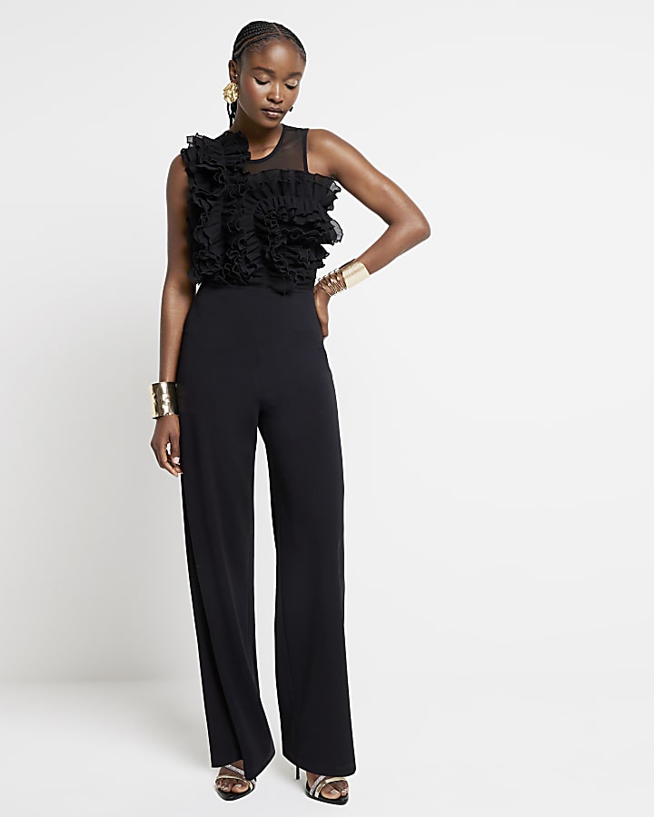 Black frill top wide leg jumpsuit River Island