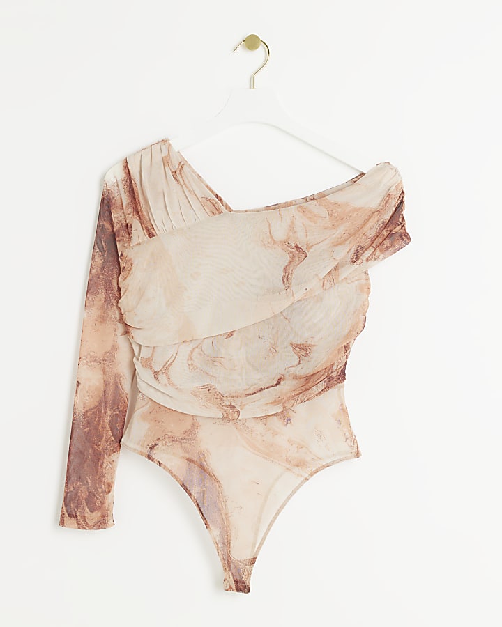 Orange mesh asymmetric bodysuit