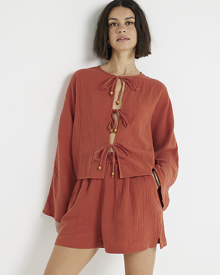 Rust textured tie front top