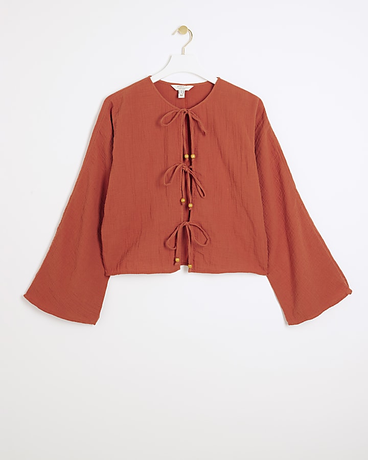 Rust textured tie front top