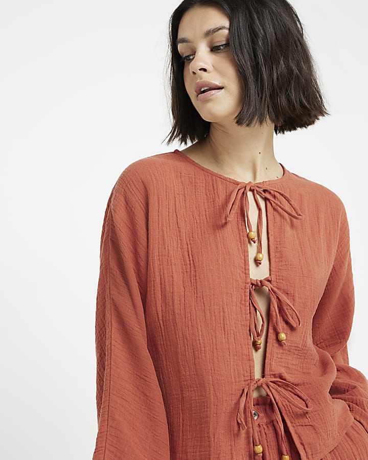 Rust textured tie front top