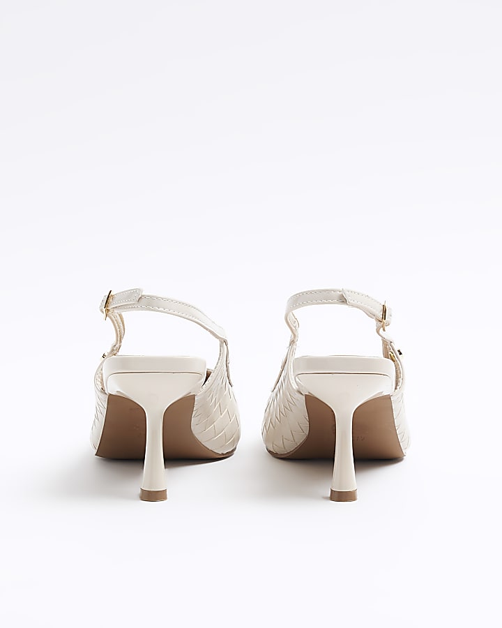 Beige wide fit weave sling back heeled shoes