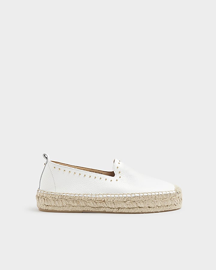 White Leather Studded Espadrille Sandals River Island