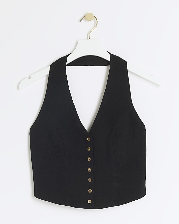 Black textured button halter neck top