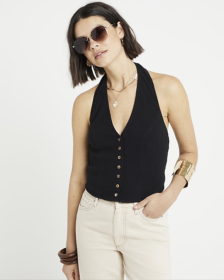 Black textured button halter neck top