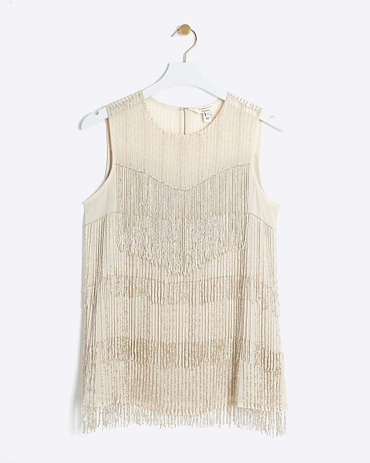 Gold beaded fringe top