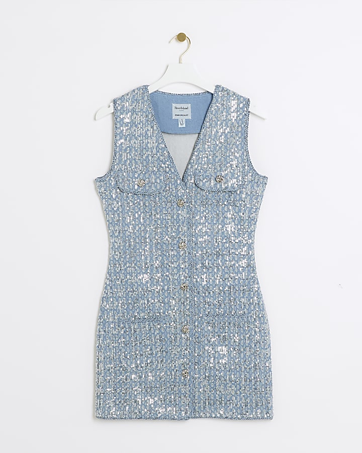 Blue denim sequin shift mini dress