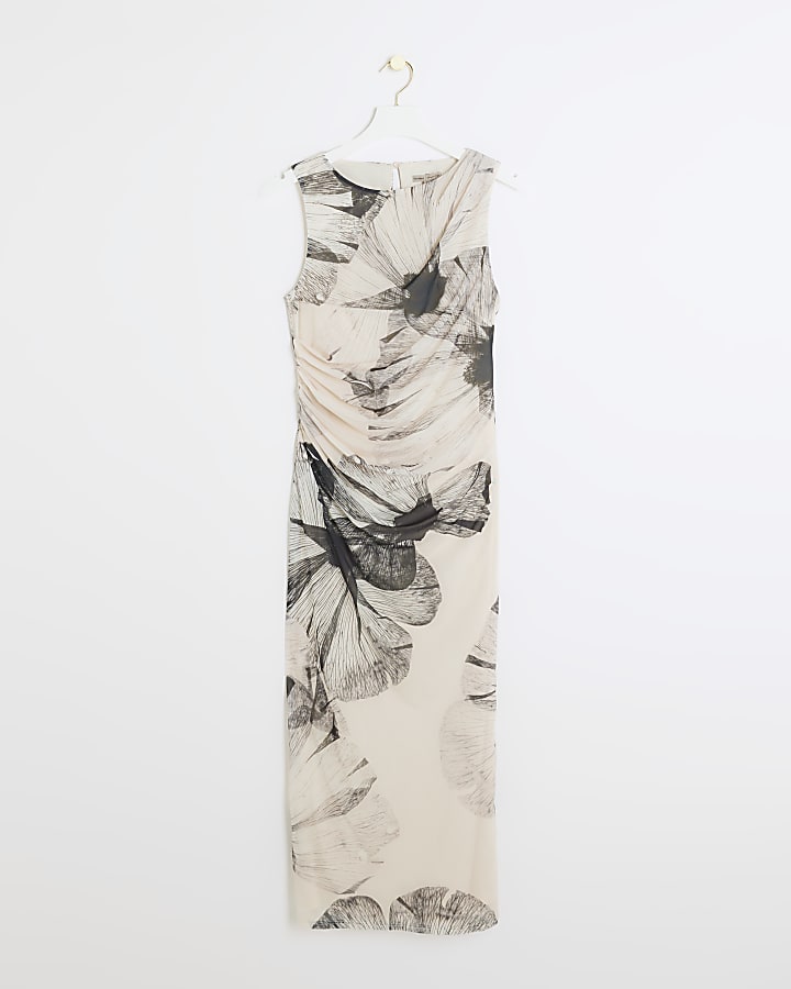 Cream floral drape bodycon midi dress