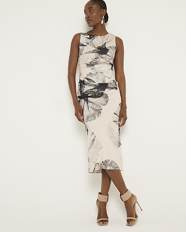 Cream floral drape bodycon midi dress River Island