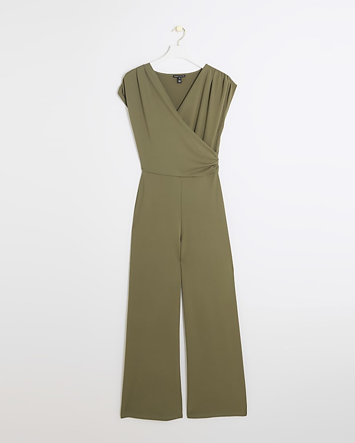 Khaki wrap wide leg jumpsuit