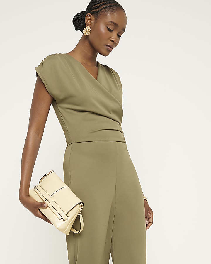 Khaki wrap wide leg jumpsuit