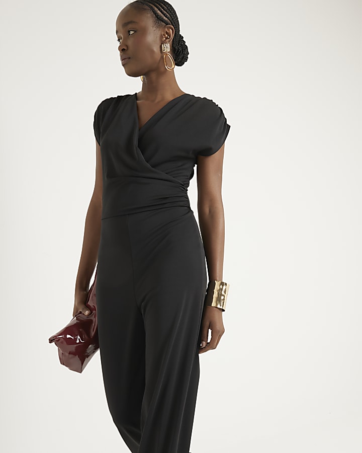 Black wrap wide leg jumpsuit