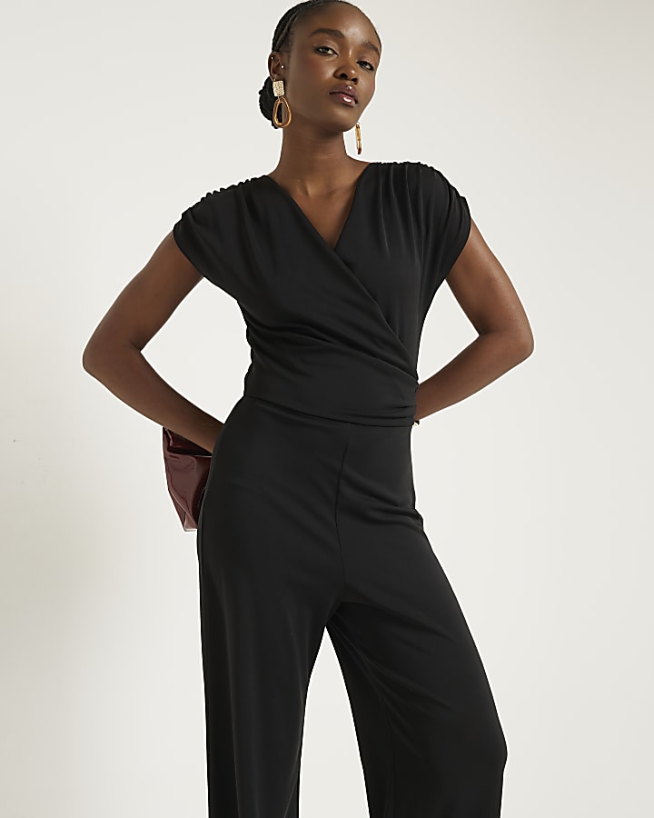 Black wrap wide leg jumpsuit