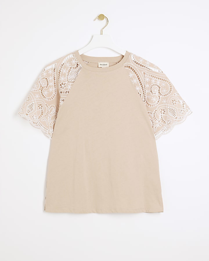 Beige Lace Sleeve T-shirt