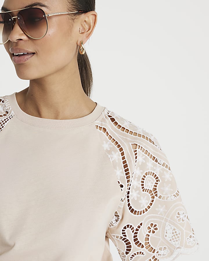 Beige Lace Sleeve T-shirt