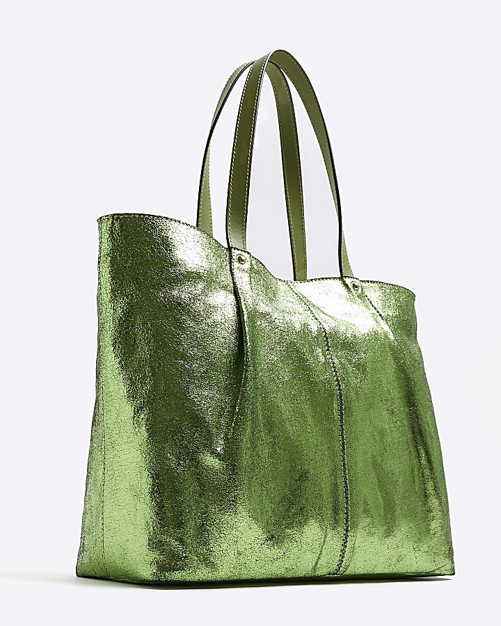 Green Metallic Leather Shopper Bag