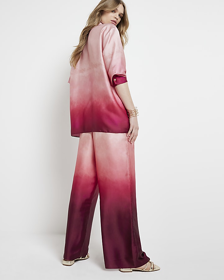 Pink satin ombre wide leg trousers