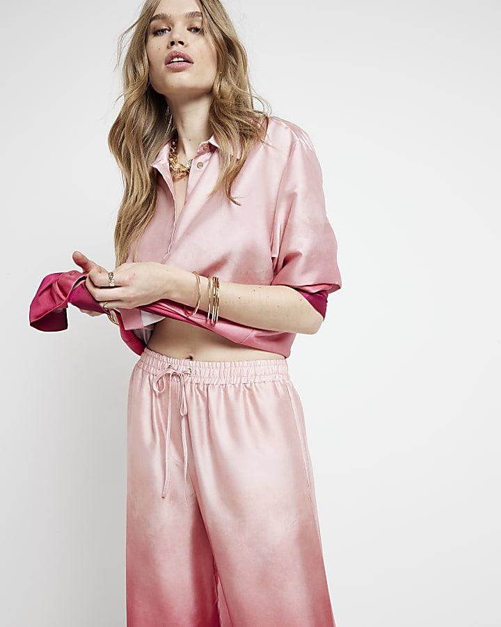 Pink satin ombre wide leg trousers