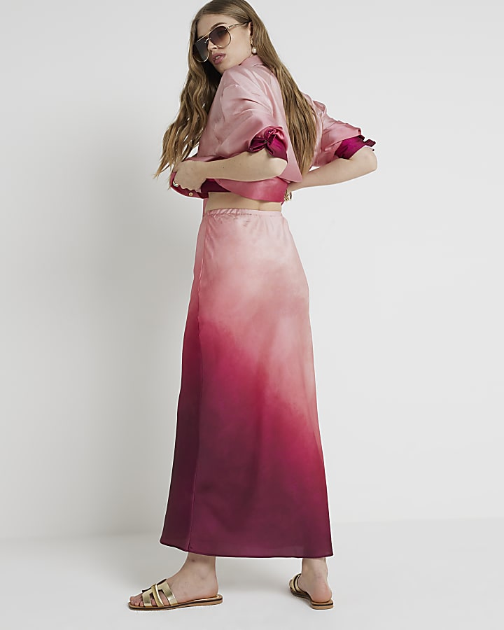 Pink satin ombre maxi skirt